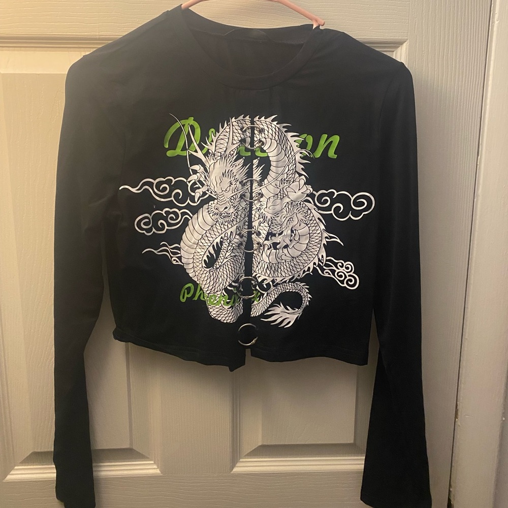 Chinese Dragon Print O Ring  Detail Shirt